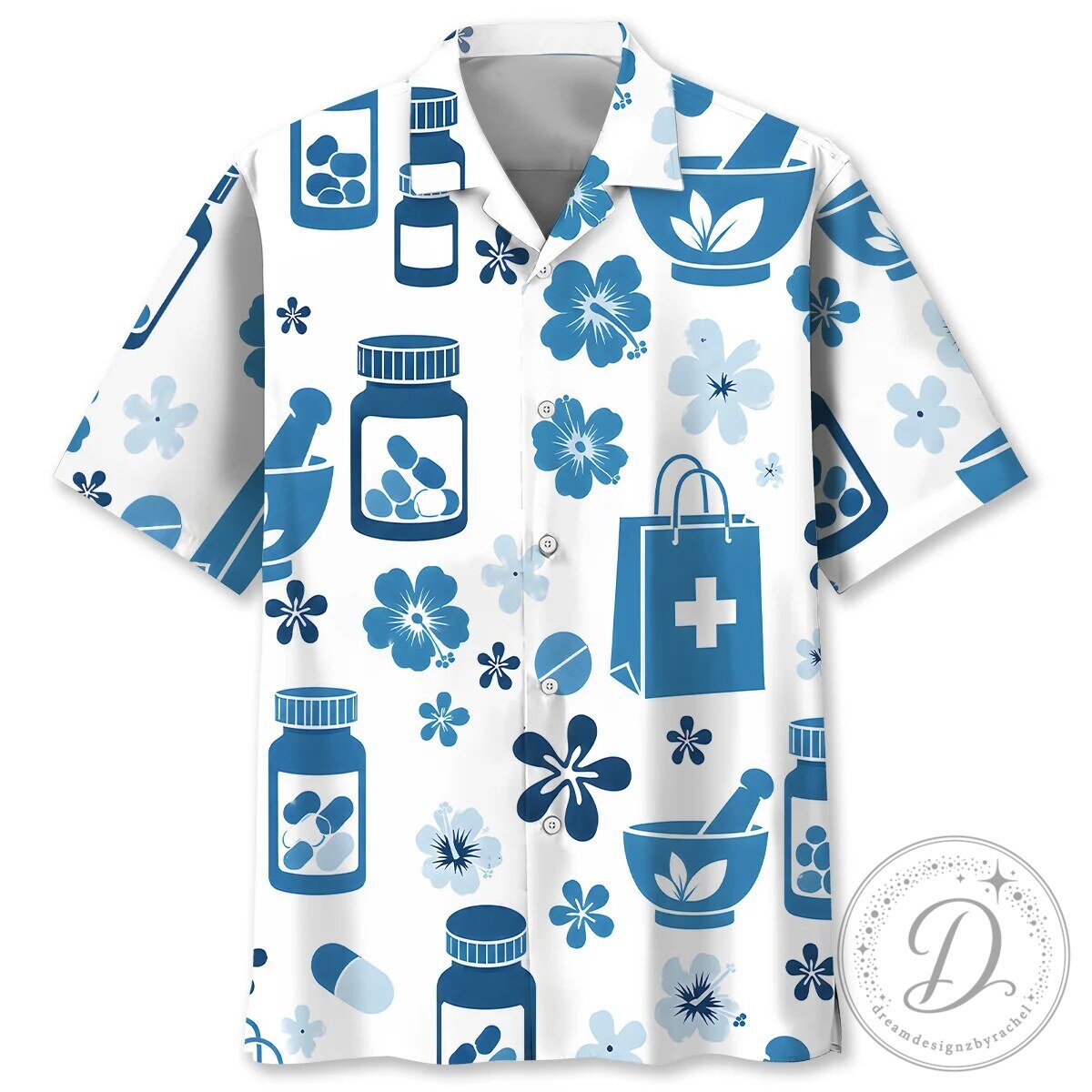 Pharmacist Blue Hibiscus Floral Pills Bottles Hawaiian Shirt