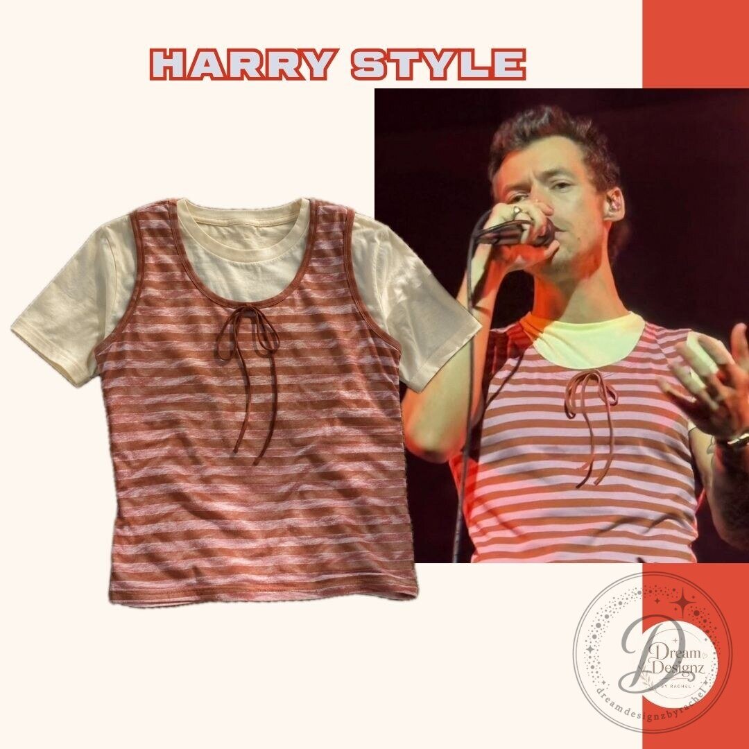 Harry Styles Madison Square Garden Front Tie Bow Striped Layered Shirt