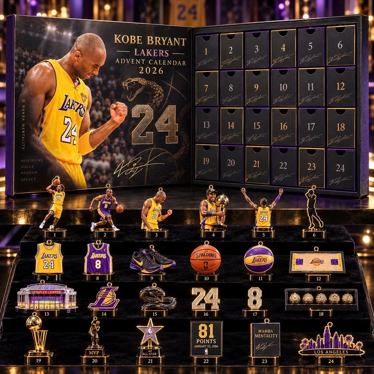 Kobe Bryant Los Angeles Lakers 2026 Advent Calendar 24 Days Mamba Mentality Mini Figures Pendants Box Set