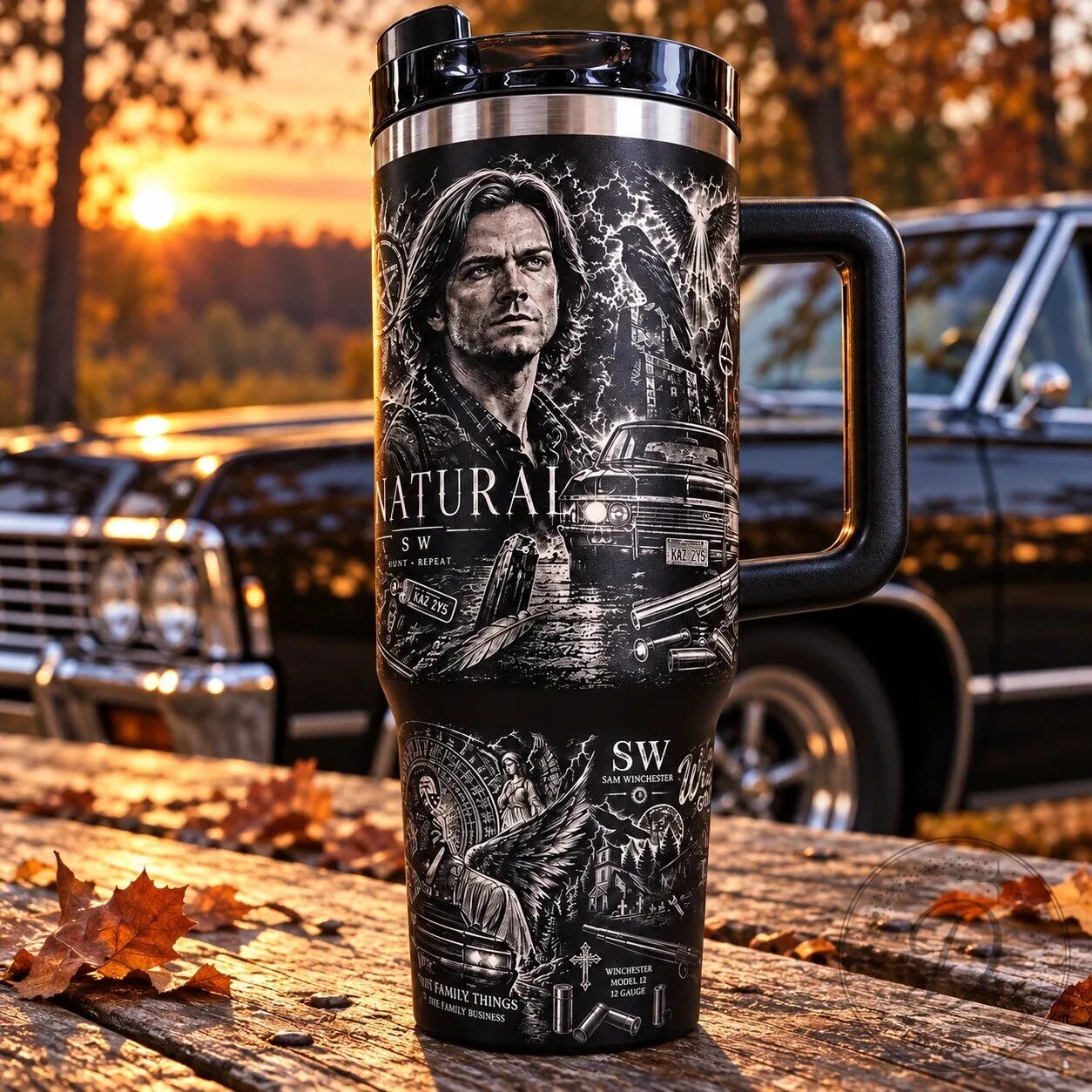 Supernatural Dean And Sam Winchester Stanley Tumbler Mug With Handle 9 Supernatural Dean And Sam Winchester Stanley Tumbler Mug With Handle product image showing design and details
