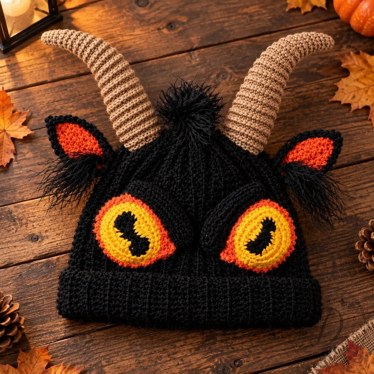 Monster Horns Beanie Knit Hat Warm Winter Headwear 10 Monster Horns Beanie Knit Hat Warm Winter Headwear product image showing design and details
