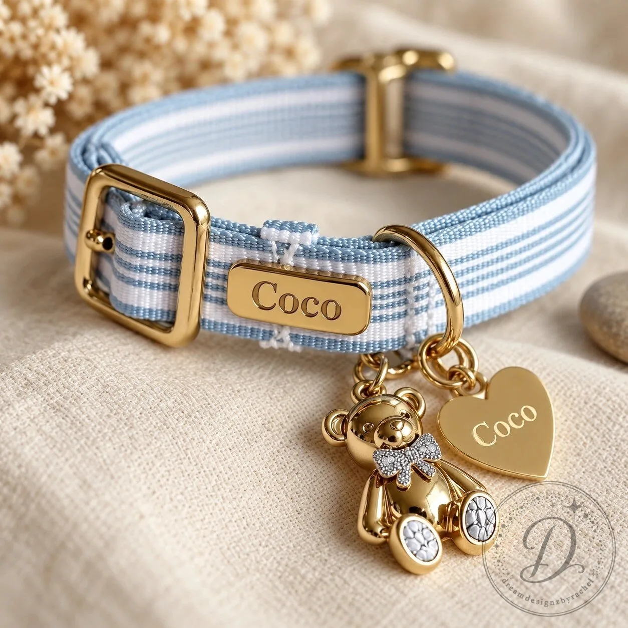 Custom Blue Striped Cat Collar with Cute Charm
